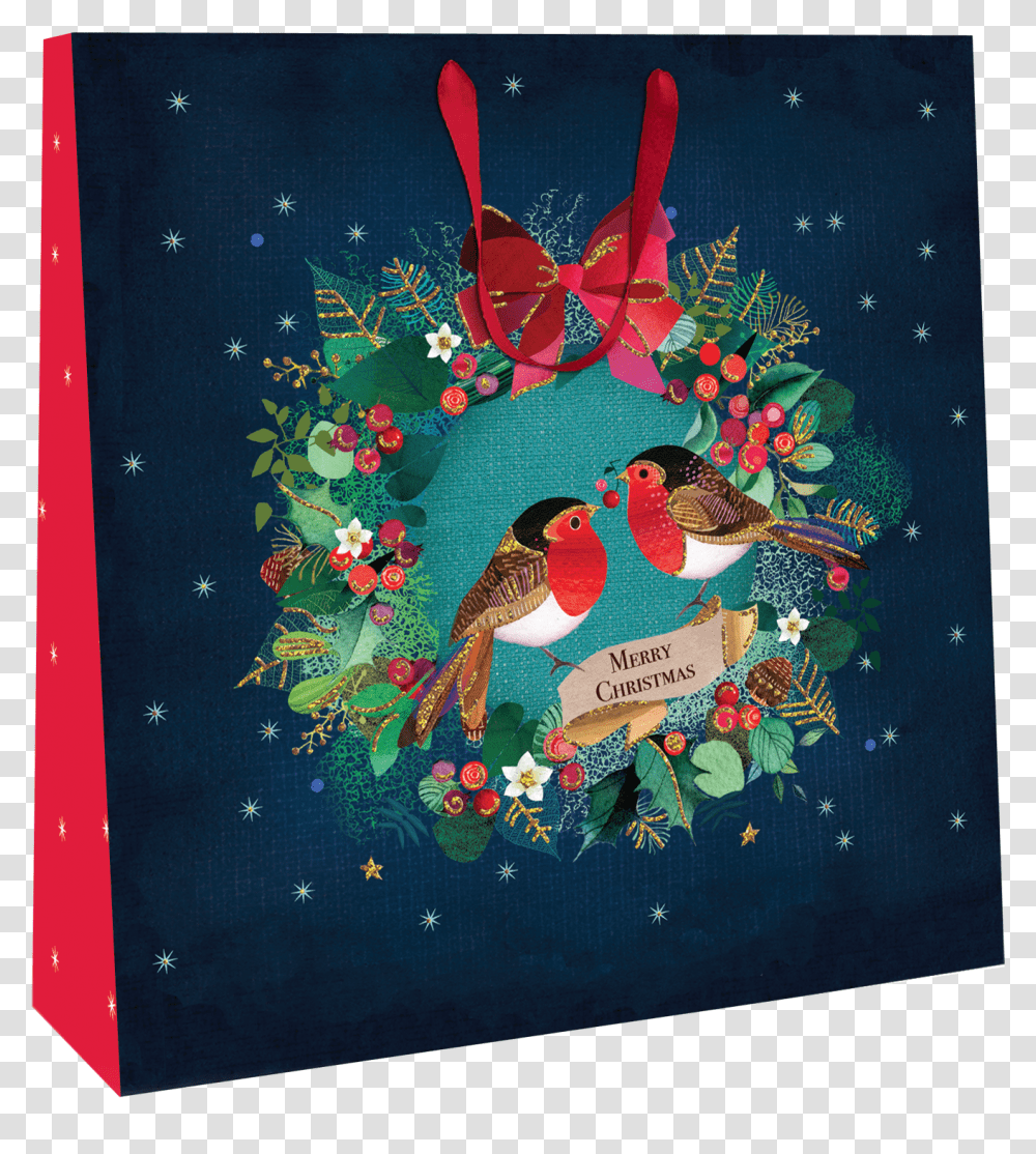 Large Robins In Wreath 35cm X 35cm Christmas Gift Bag Greeting Card, Bird, Animal, Painting Transparent Png