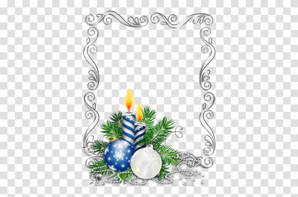 Large Silver Christmas Photo Frame With Blue Candles, Floral Design, Pattern Transparent Png