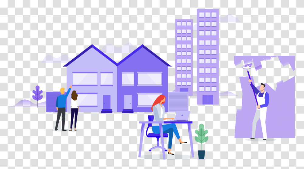 Launch Illustration Social Housing Cartoon, Person, Standing, Word, Purple Transparent Png