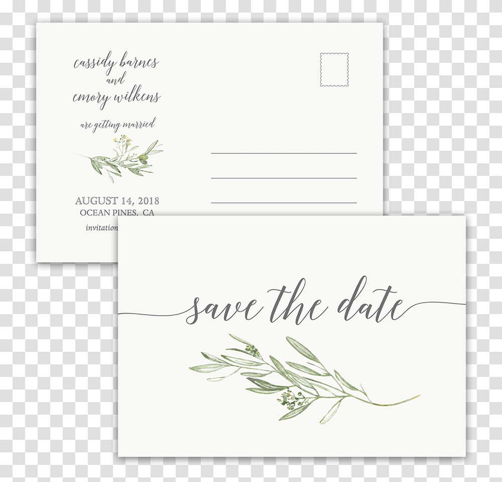 Laurel Leaves Greenery Wedding Save The Date Postcard Industrial Bohemian Save The Date, Envelope, Mail Transparent Png