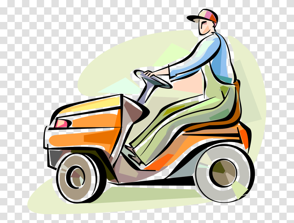 Lawn Care Worker With Riding Mower, Lawn Mower, Tool, Vehicle, Transportation Transparent Png