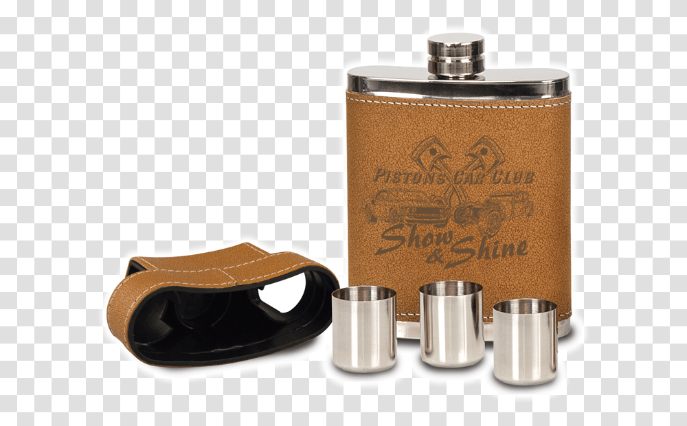 Leather Flask With Lid Amp 3 Shot Glasses Hip Flask, Bottle, Cosmetics, Perfume, Cylinder Transparent Png