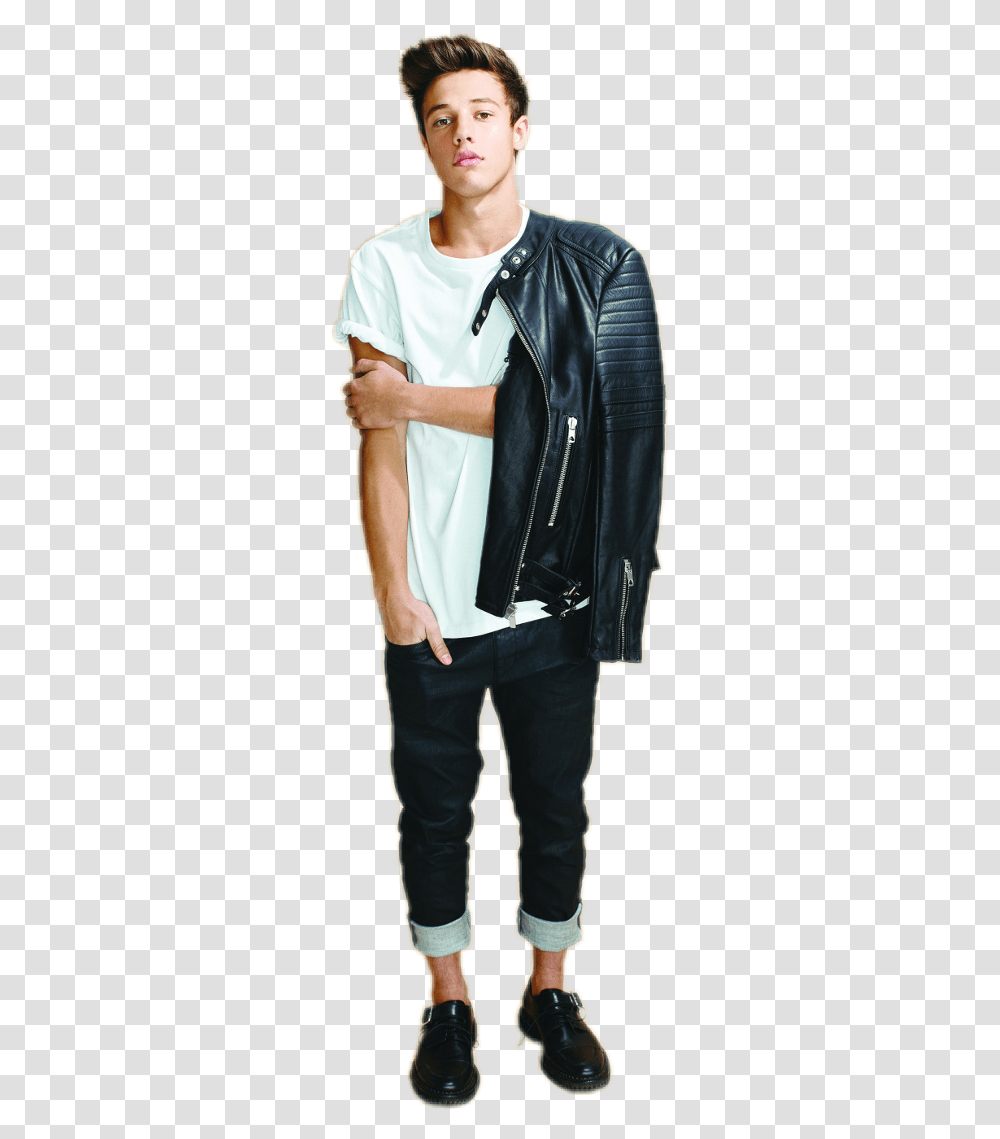 Leather Jacket Download Cameron Dallas Leather Jacket, Apparel, Coat, Person Transparent Png