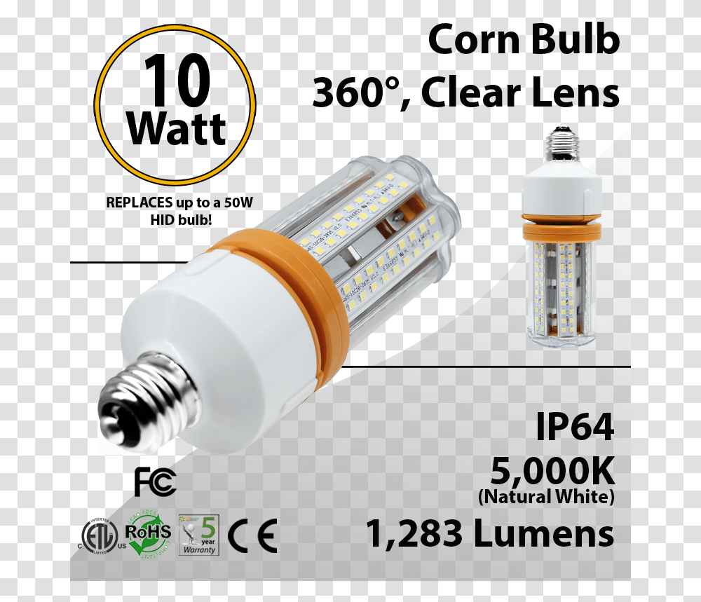 Led Corn Bulb 10 Watt 1283 Lm 5000k E26 Ip64 Etl Dlc 2 Ft Led Tube Light, Lightbulb, Injection, Electrical Device Transparent Png