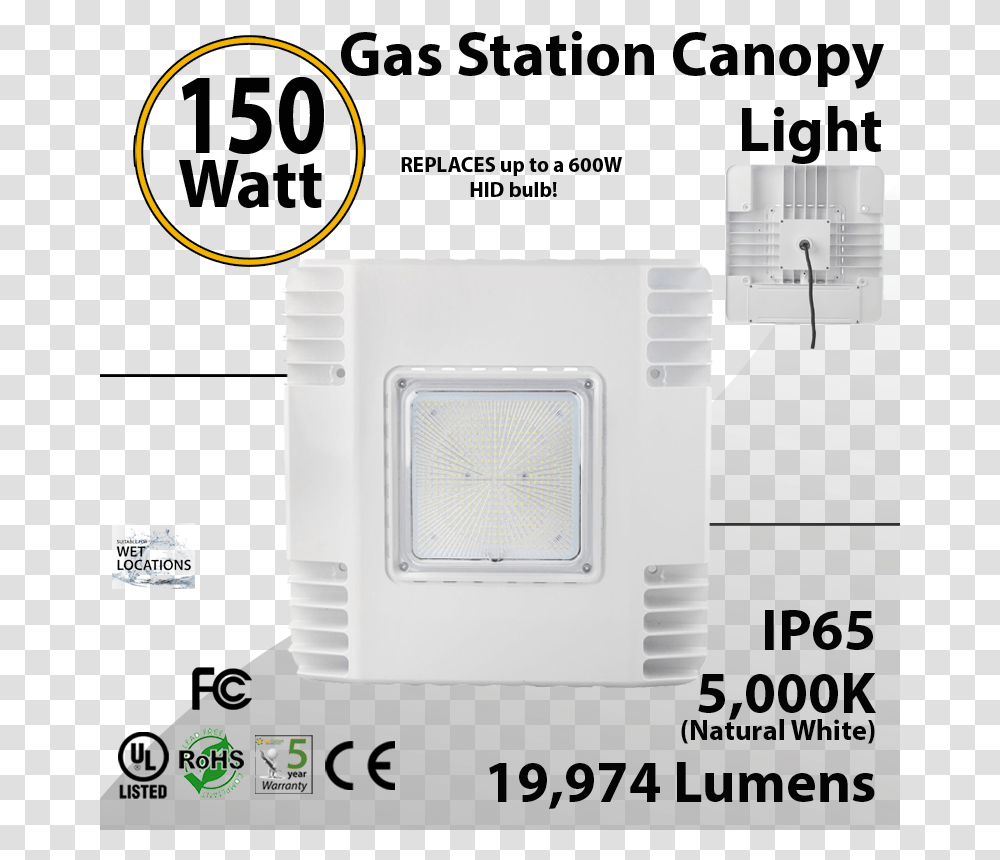 Led Gas Station Canopy Light 150w Lumens Ul And Electronics, Electrical Device, Switch Transparent Png