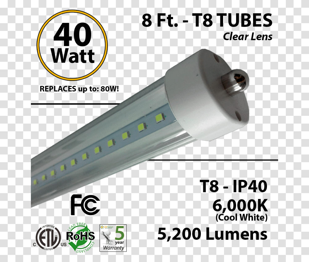Led Tube 40 Watt 5200lm 6000k Ip40 Clear Lens Fluorescent Lamp 40 Watts, Blow Dryer, Appliance, Hair Drier, Light Transparent Png
