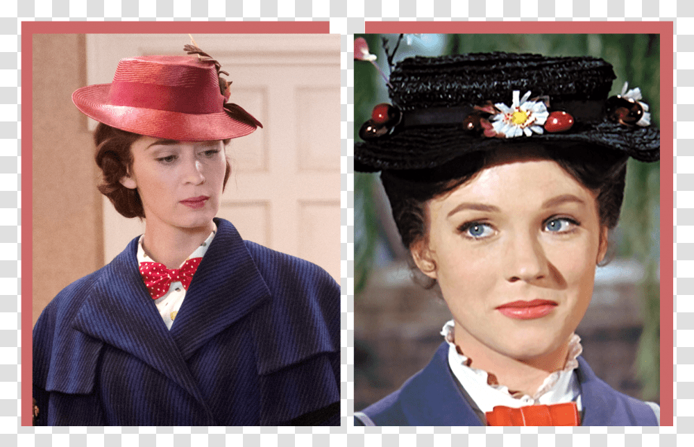 Left Emily Blunt Stars As Mary Poppins In Disney's Julie Andrews Vs Emily Blunt Mary Poppins, Hat, Person, Suit Transparent Png