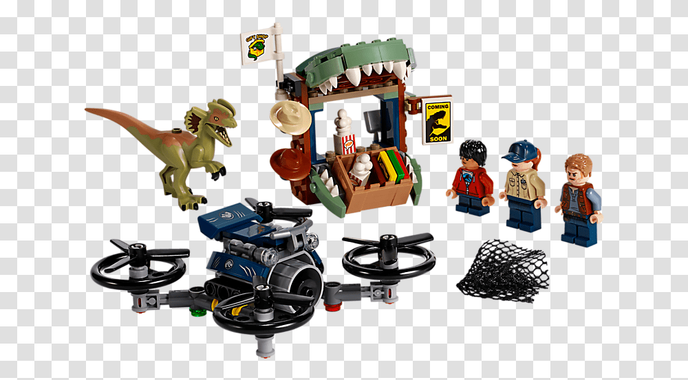 Lego Jurassic World Dilophosaurus On The Loose, Person, Vehicle, Transportation, Helmet Transparent Png