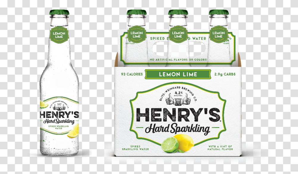 Lemon Lime Henrys Hard Sparkling Water Glass Bottle, Alcohol, Beverage, Drink, Liquor Transparent Png