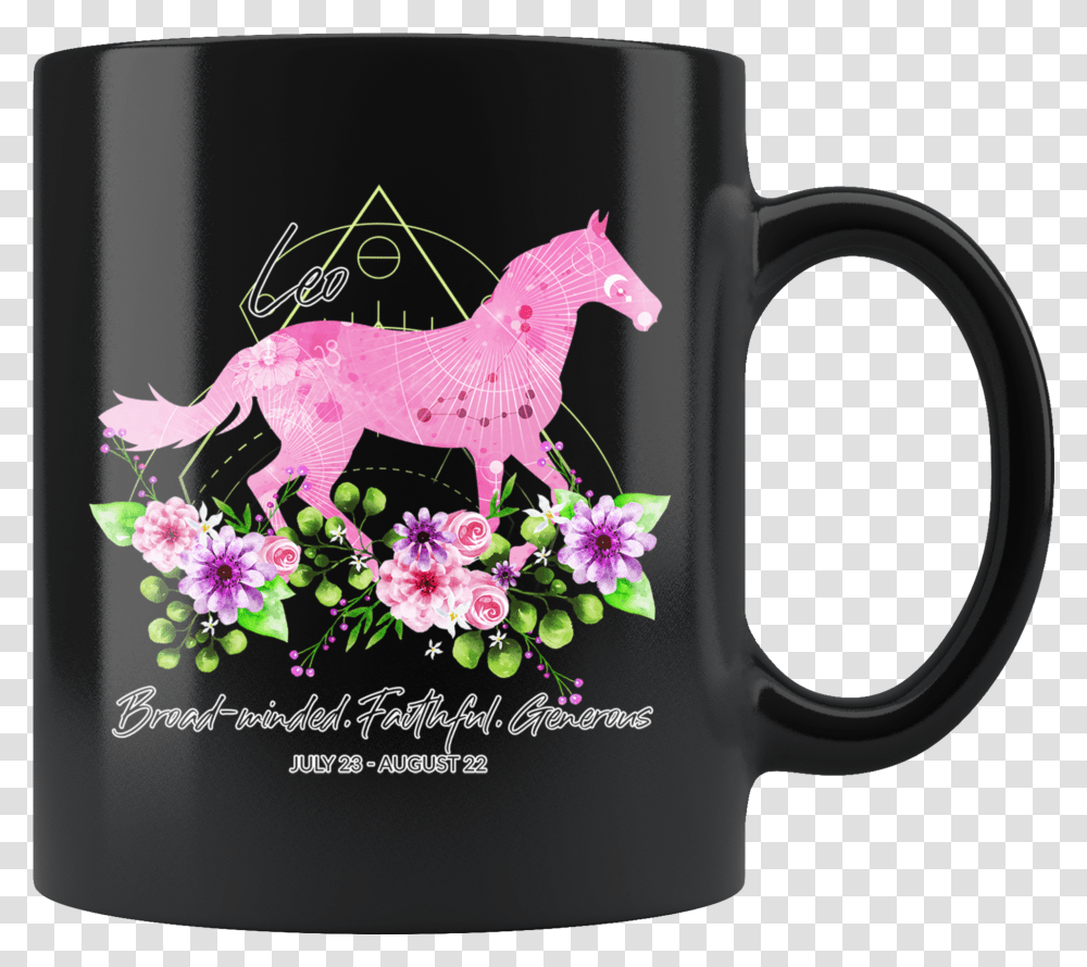 Leo Zodiac Horse Black Mug Mug, Coffee Cup, Bird, Animal, Flower Transparent Png