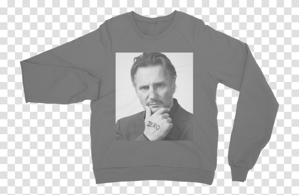 Liam Neeson Classic Adult SweatshirtClass Lazyload Sweater, Apparel, Sleeve, Person Transparent Png