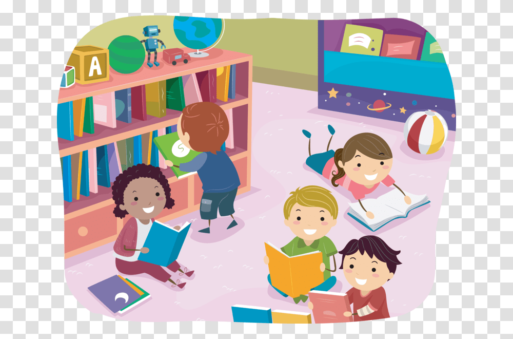 Library Kids Cartoon, Kindergarten, Girl, Female, Reading Transparent Png