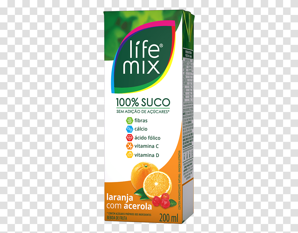 Life Mix Suco 100 Laranja Com Acerola 200 Ml Life Mix Suco, Orange, Plant, Food, Bottle Transparent Png