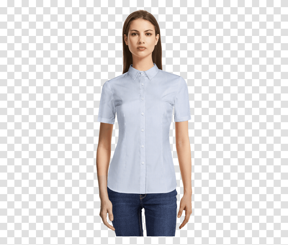 Light Blue Checked Short Sleeved Dobby Dress Shirt Womens Button Up Shirts No Collar, Clothing, Apparel, Person, Human Transparent Png