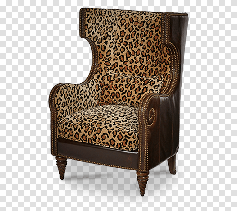 Light Espresso Finish Brown Leather Leopard Print Fabric Leopard Print Wingback Chair, Furniture, Armchair, Throne Transparent Png
