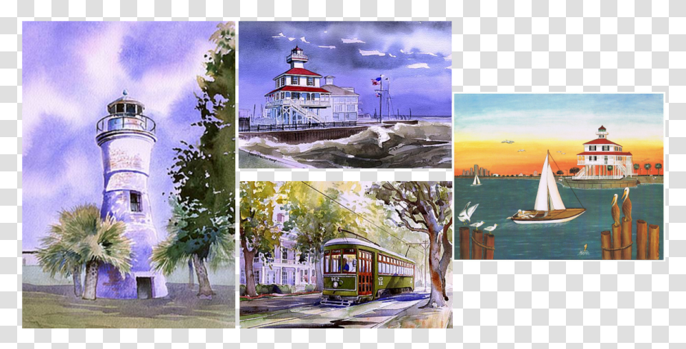 Lighthouse, Boat, Vehicle, Transportation, Collage Transparent Png