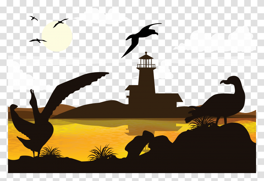 Lighthouse Sunset Silhouette Download, Bird, Transportation, Vehicle Transparent Png
