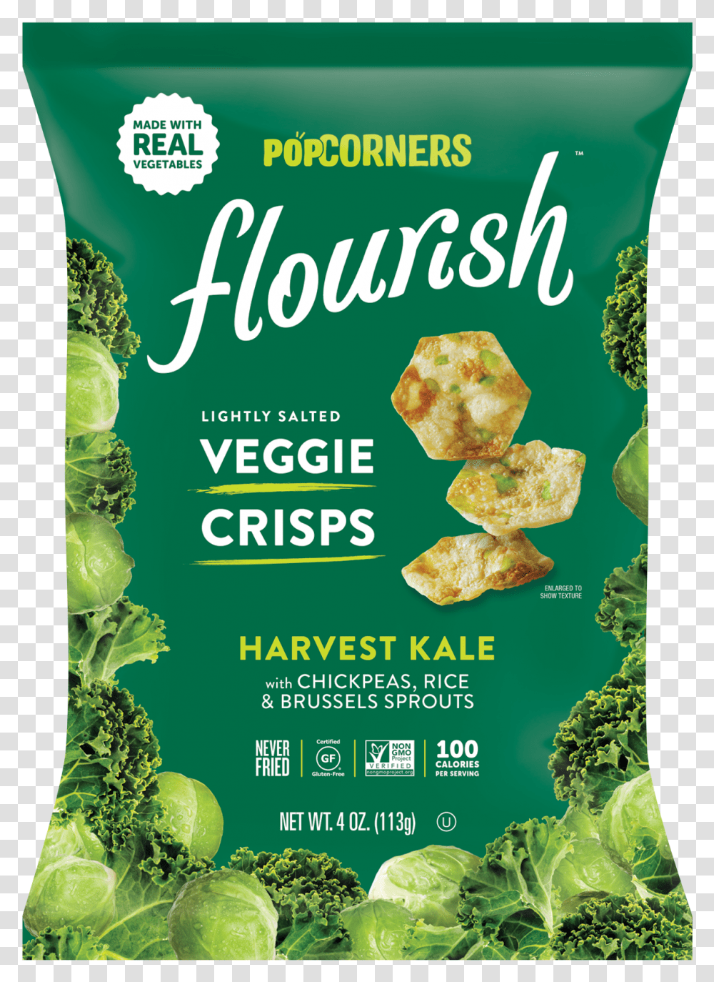 Lightly Salted Harvest Kale With Chickpeas Rice Amp Popcorners Flourish Veggie Crisps, Plant, Food, Advertisement, Vegetable Transparent Png