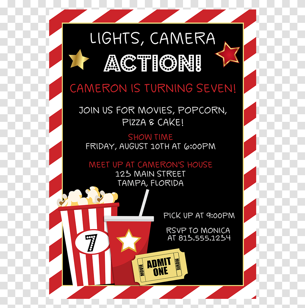 Lights Camera Action Birthday Party Invitation Card Movie Birthday Party Invitations, Popcorn, Food, Advertisement, Flyer Transparent Png
