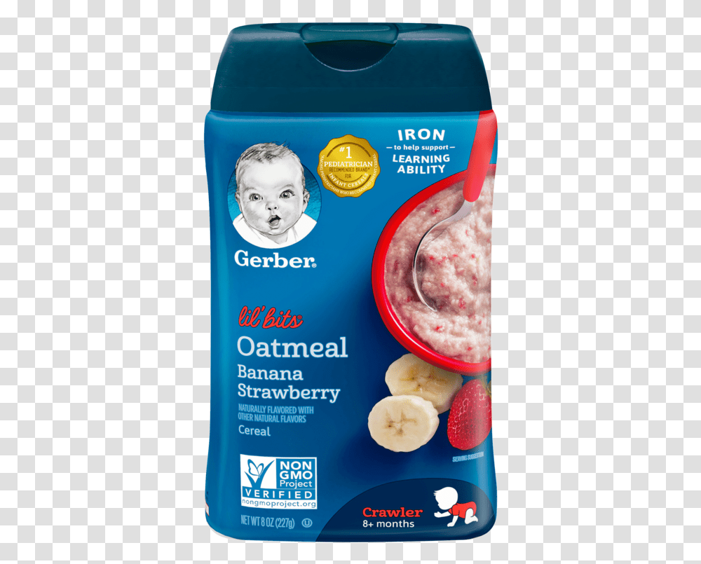 Lil Bits Oatmeal Banana Strawberry Cereal Gerber Strawberry Banana Baby Food, Person, Human, Breakfast, Plant Transparent Png