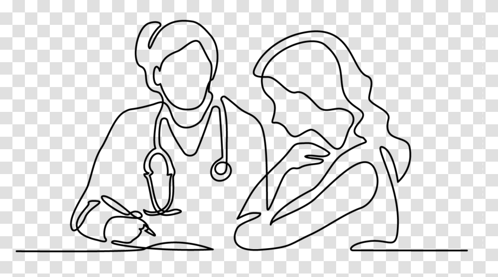 Line Drawing Of Woman With Doctor Doctor With Stethoscope Treat Patient, Gray, World Of Warcraft Transparent Png