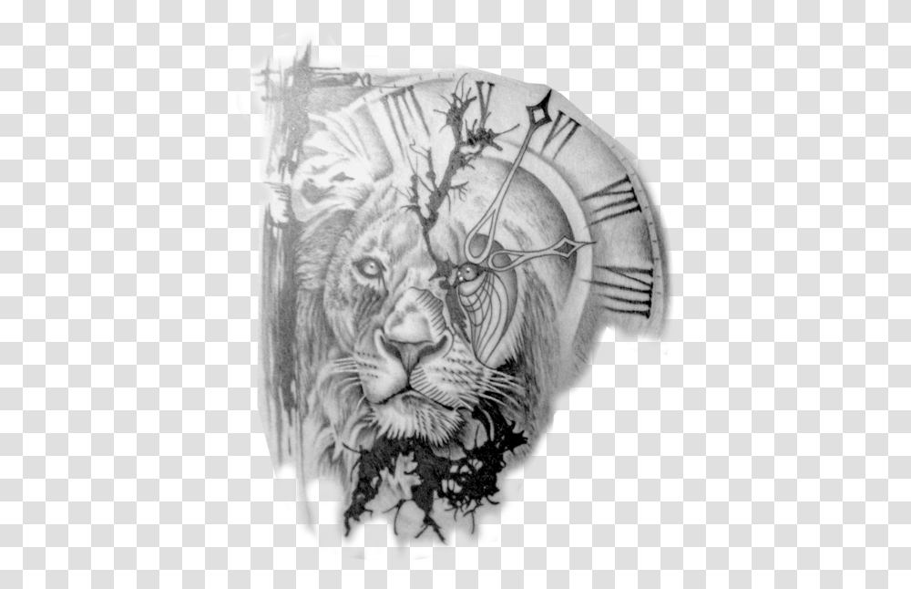 Lion And Clock Tattoo Design, Skin, Person, Human, Statue Transparent Png