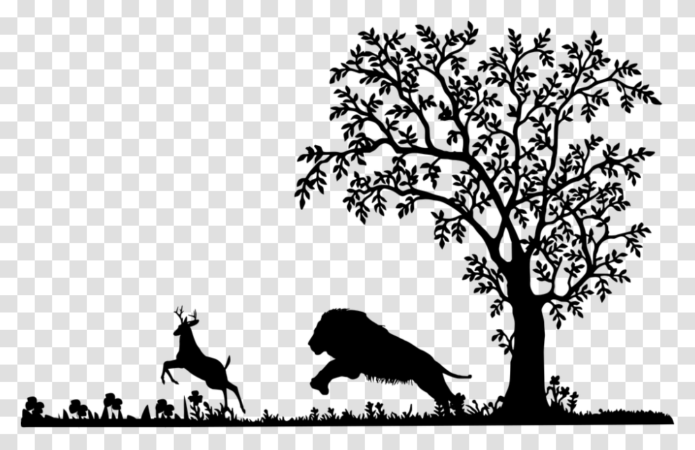 Lion Attack Deer Silhouette Mammal Wildlife Tree Clip Art Black And White, Gray, World Of Warcraft Transparent Png