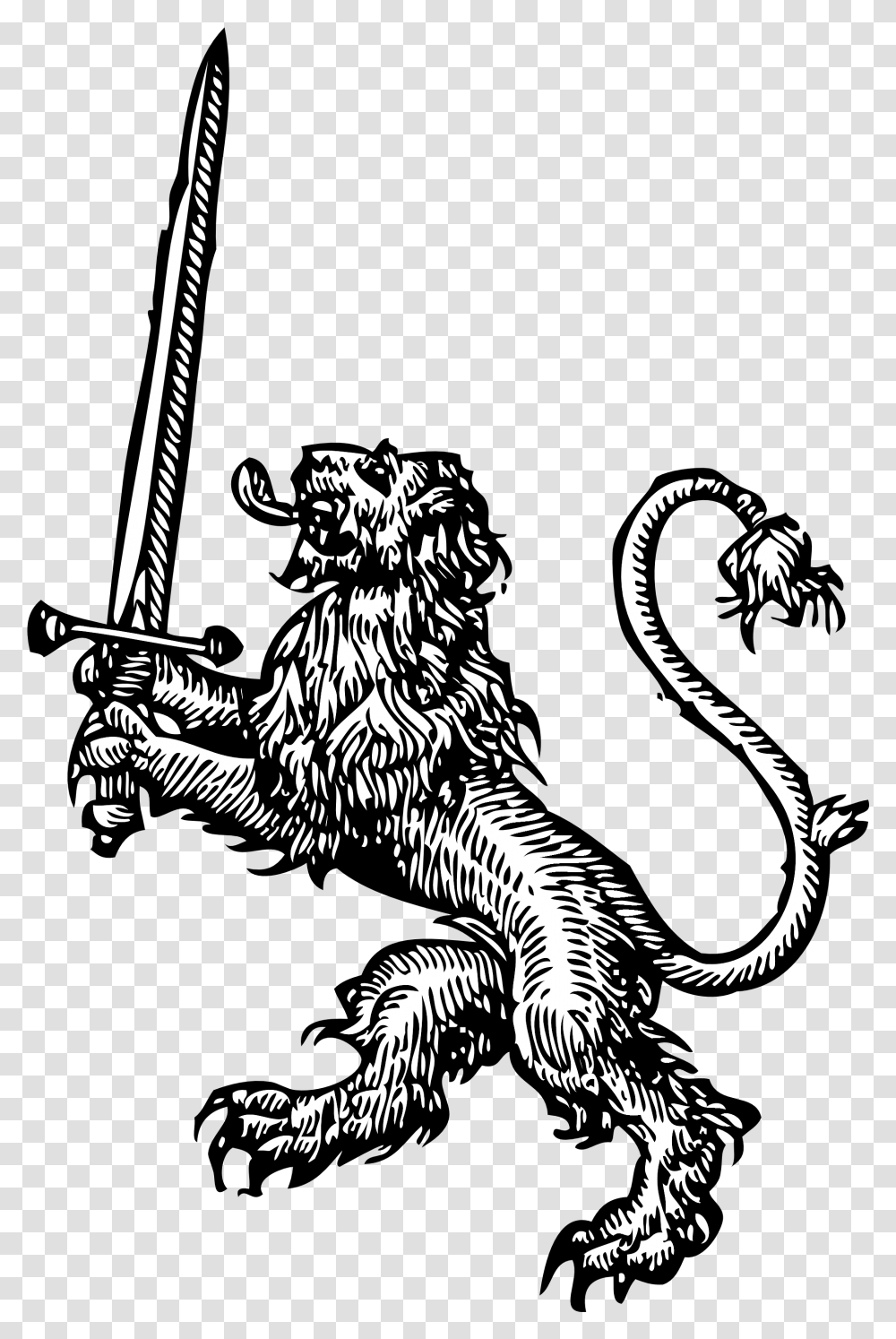 Lion With Sword Black White Line Art Tatoo Tattoo Svg Lion Rampant With Sword, Animal, Reptile Transparent Png