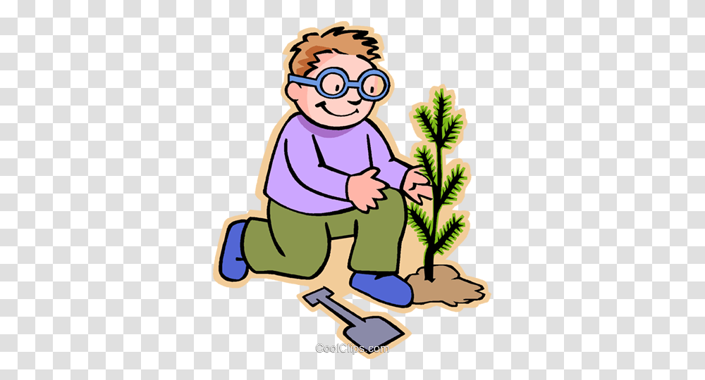 Little Boy Planting A Sapling Royalty Free Vector Clip Art, Outdoors, Garden, Kneeling, Gardening Transparent Png