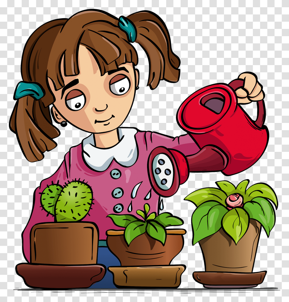 Little Girl Waters The Flowers Vector Characters Graphics Present Perfect Tense Examples, Tin, Can, Pottery, Watering Can Transparent Png