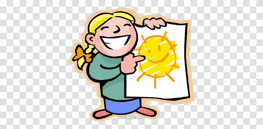Little Girl With A Happy Sun Drawing Royalty Free Vector Clip Art, Poster, Advertisement, Hand, Elf Transparent Png