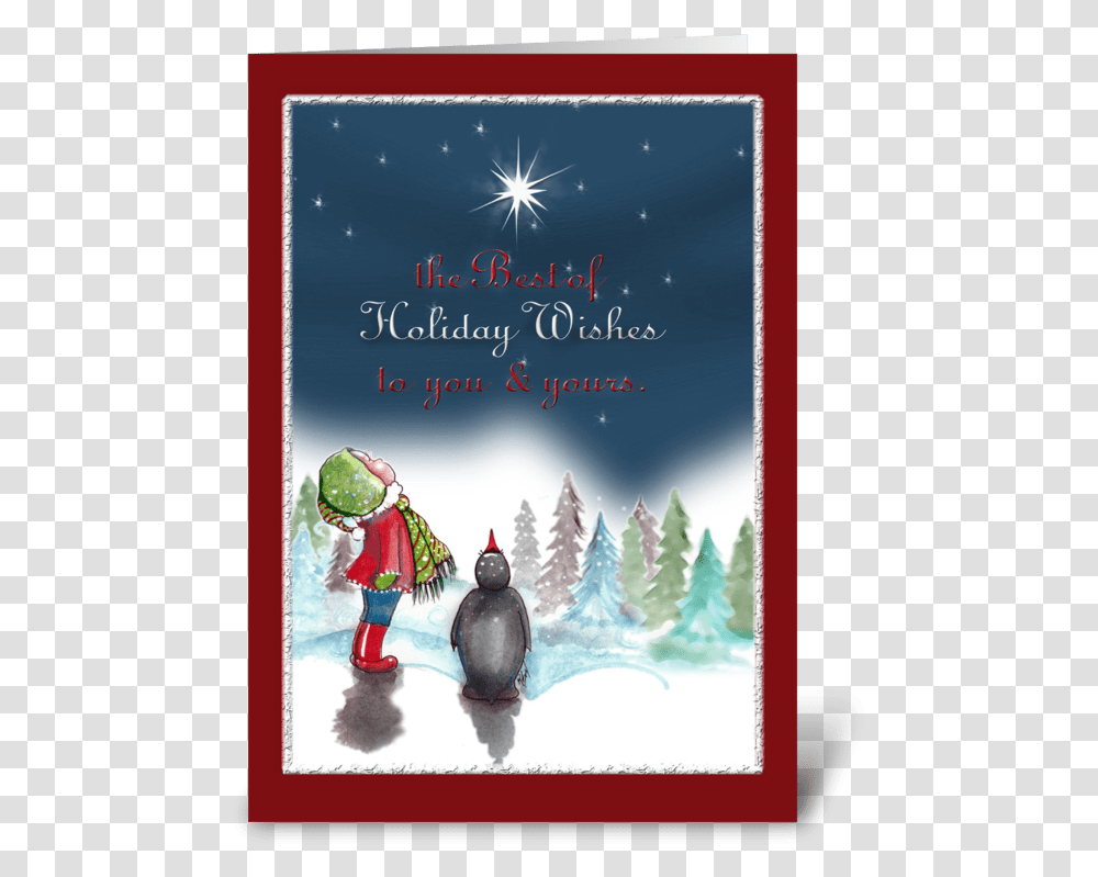 Little Girl With Penguin Holiday Card Greeting Card, Bird, Animal, Person, Human Transparent Png