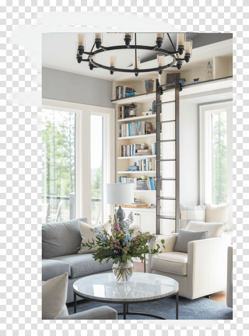 Living Room With Bookcase And Ladder Interior Designs Living Room, Furniture, Indoors, Table, Coffee Table Transparent Png