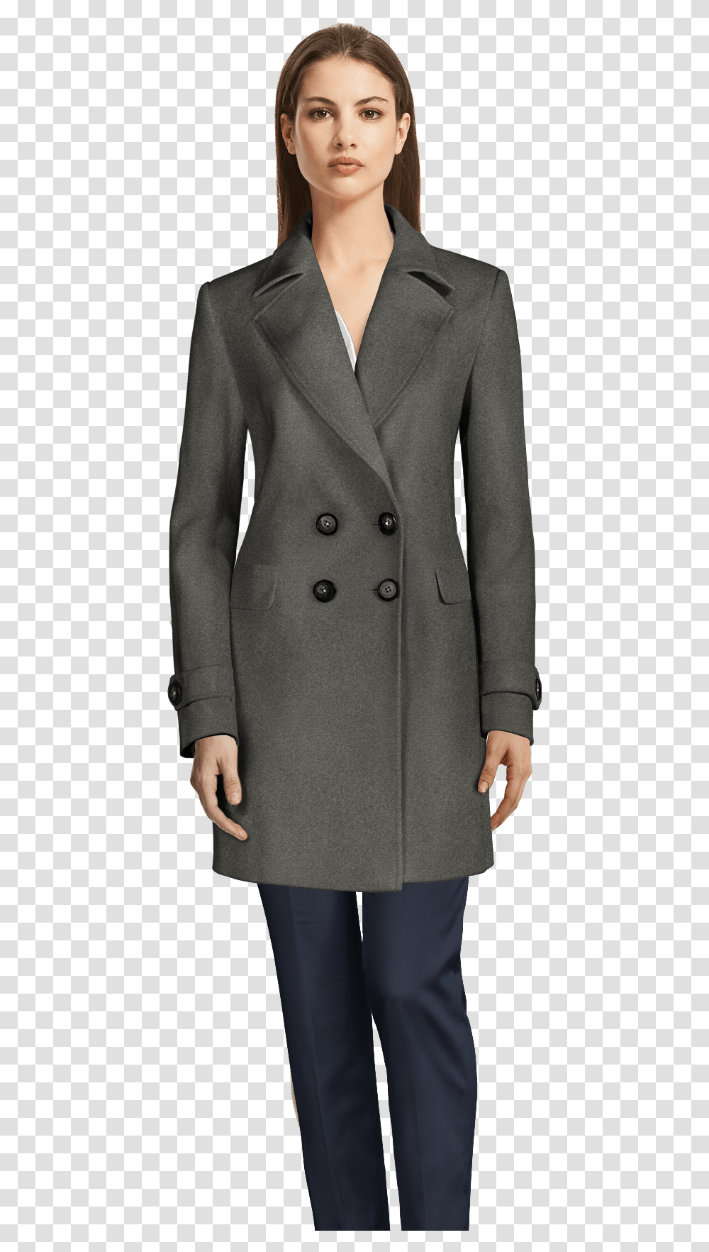 Long Light Grey Wool Trench Coat With Wide Lapels Tartan Funnel Neck Coat, Apparel, Overcoat, Person Transparent Png