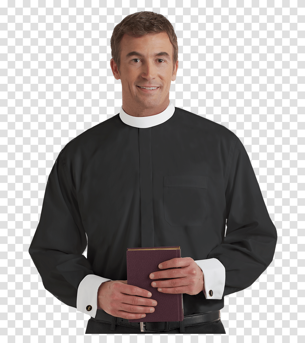 Long Sleeve Neckband With White Cuff Black Full Collar Shirt Priest, Person, Human, Bishop, Photography Transparent Png