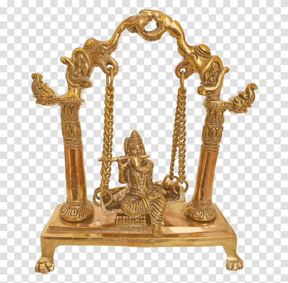 Lord Krishna Brass Statue Sitting On Jhula Krishna, Bronze, Furniture, Cross, Gold Transparent Png