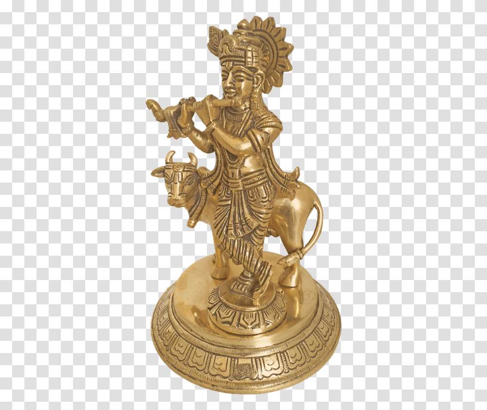 Lord Krishna Playing Flute With Beautiful Cow Brass Brass, Bronze, Gold, Figurine Transparent Png