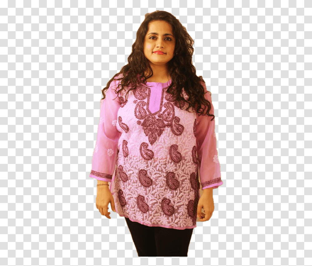 Lucknowi Short Kurti With Front Embroidery Girl, Apparel, Blouse, Person Transparent Png