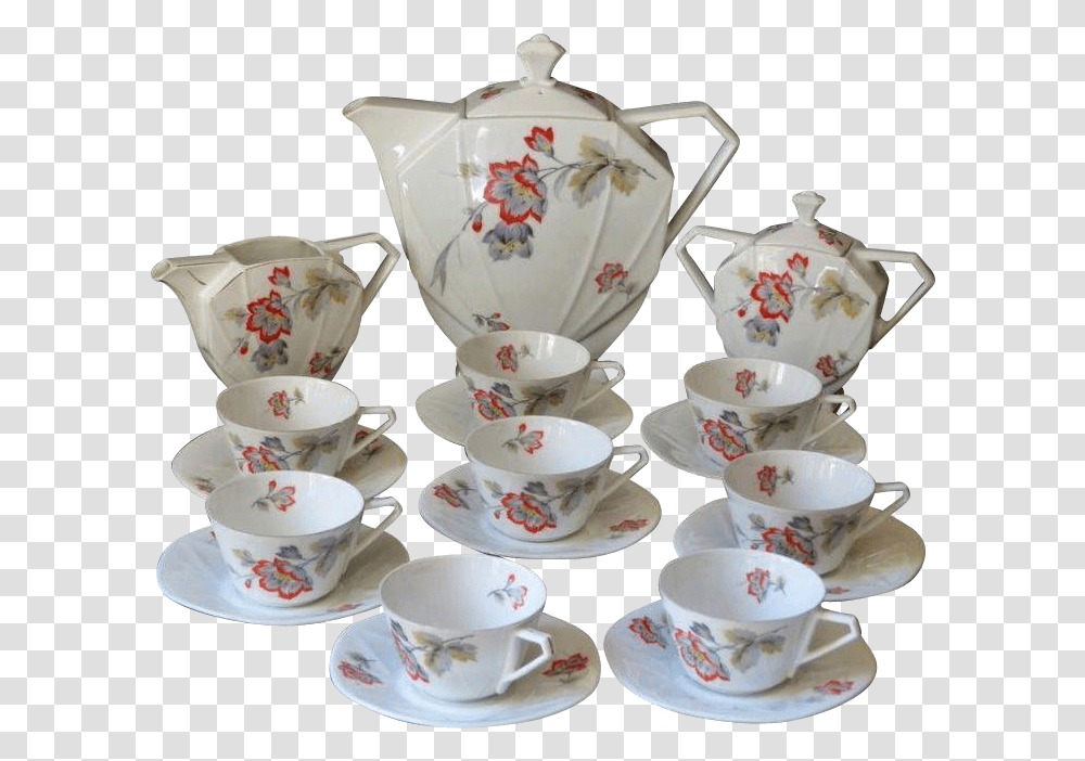 Luxury Art Deco Porcelain Tea Set Czechoslovakia Tea Set, Saucer, Pottery, Ice Cream, Dessert Transparent Png