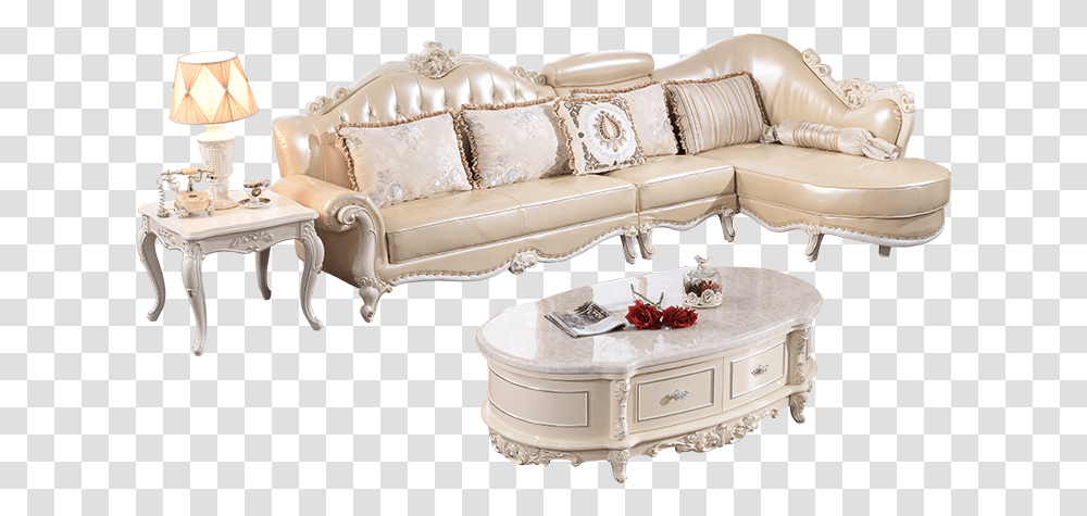 Luxury Design Royal Living Room Furniture Golden Leather Kursi Sudut Busa Ukir, Couch, Table, Rug, Cushion Transparent Png