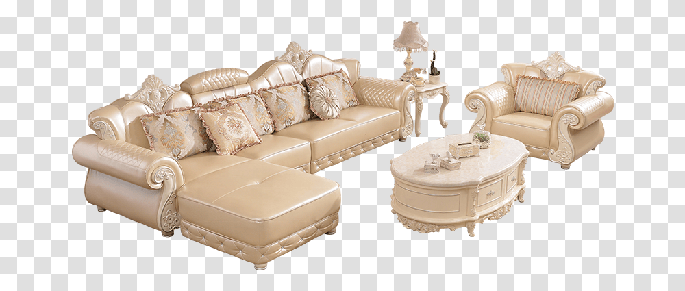 Luxury French Style Golden Leather Wooden Corner Sectional Couch, Furniture, Cushion, Pillow, Ottoman Transparent Png