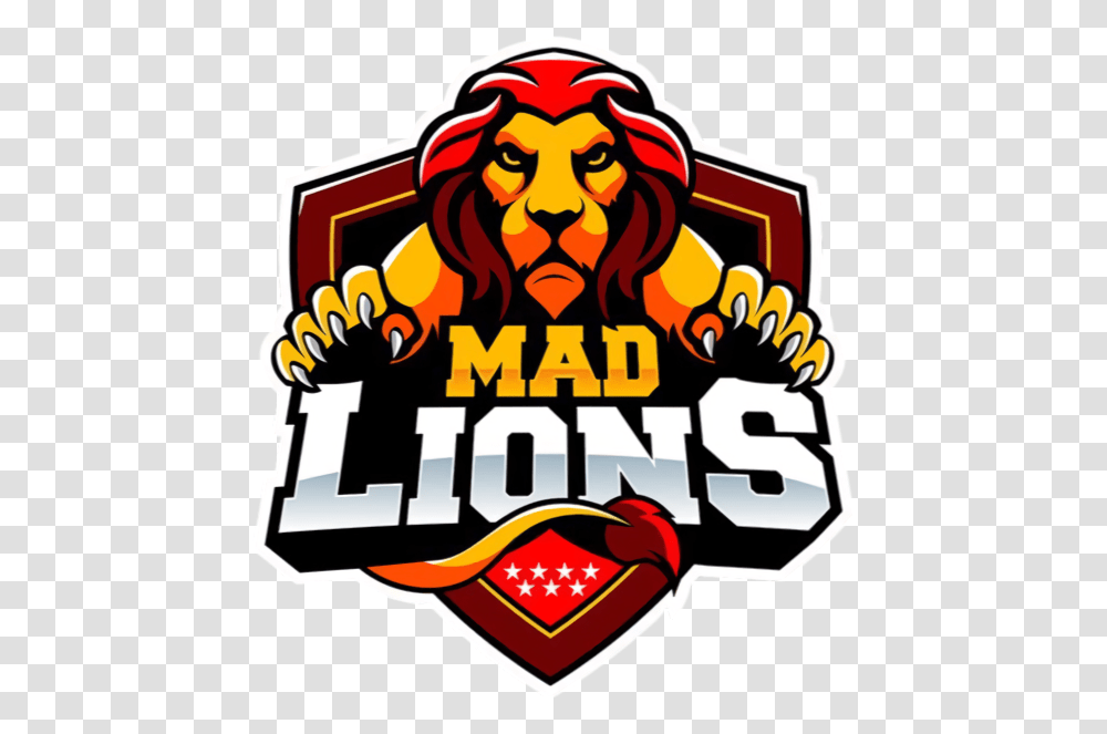 Mad Lions E Mad Lions Logo, Symbol, Text, Crowd, Label Transparent Png