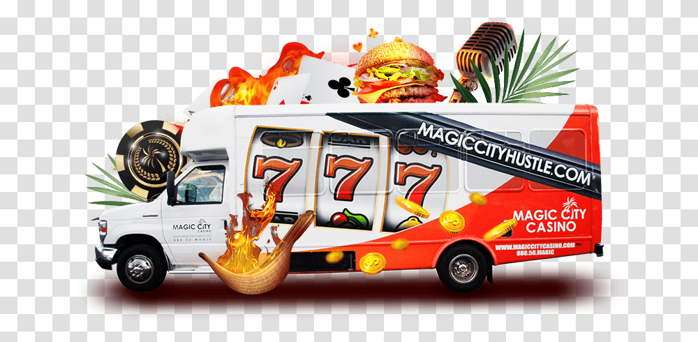 Magic City Casino Shuttle Bus Commercial Vehicle, Burger, Food, Fire Truck, Transportation Transparent Png
