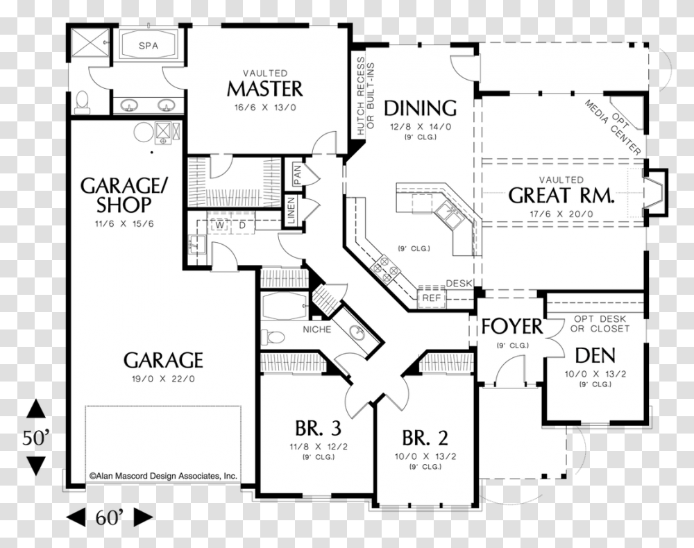 Main Floor Plan Image For Mascord Galen Traditional 3 Bedroom House Plans With Office, Diagram, Flyer, Poster, Paper Transparent Png