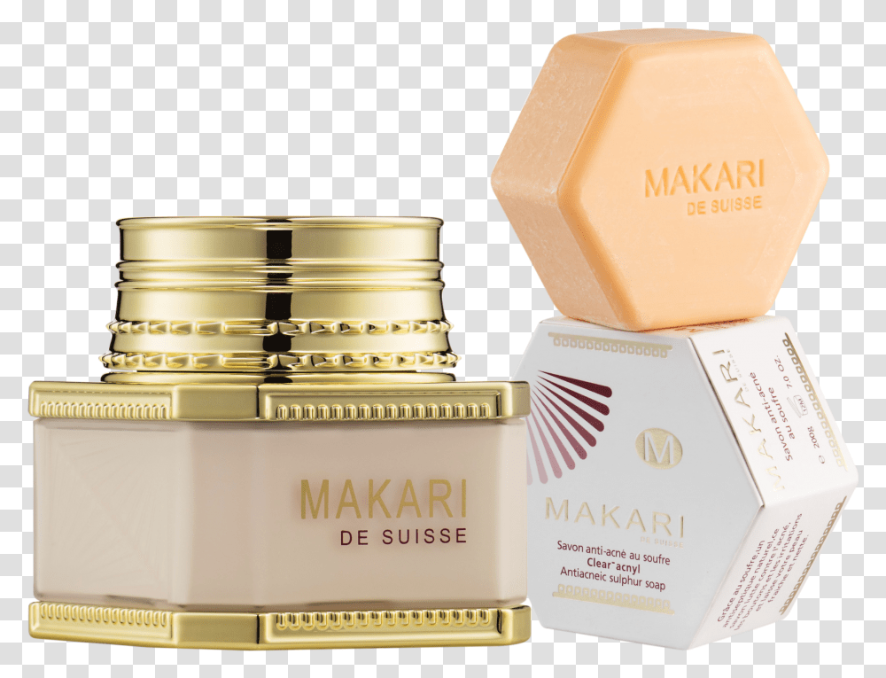 Makari Clear Acnyl Cream And Sulphur Soap Makari Cream For Pimples, Bottle, Cosmetics, Perfume, Gold Transparent Png