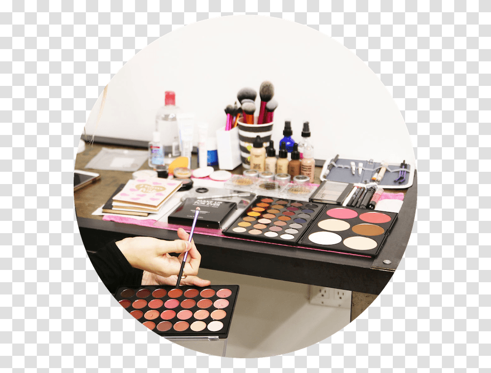 Makeup School In Denver Makeup Kit Eye Shadow, Furniture, Person, Table, Cosmetics Transparent Png