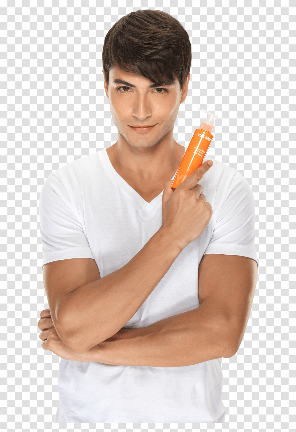 Male Model With Product Male Hair Model, Person, Bottle, Arm Transparent Png