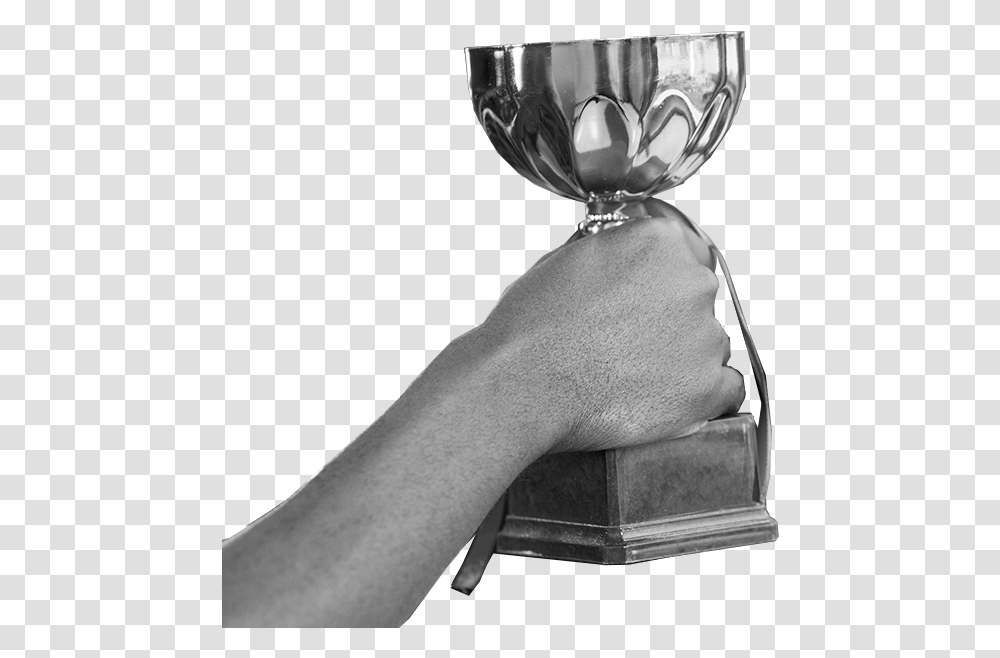 Man Holding An Award Trophy Hands Holding A Trophy Black And White, Person, Human, Glass, Goblet Transparent Png