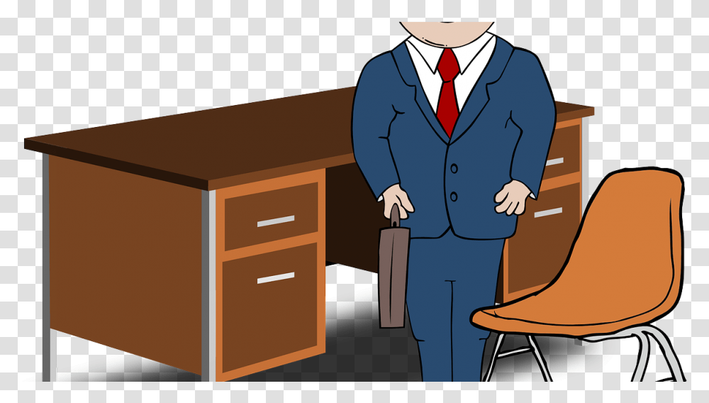 Man In Suit Clipart Office Desk Clip Art, Furniture, Person, Human, Drawer Transparent Png