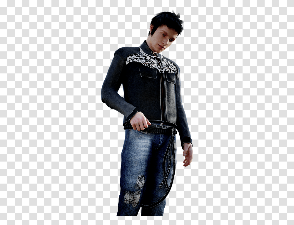 Man Jeans Leather Jackets Casual Tattooed Biker Homme En Jean, Person, Coat, Pants Transparent Png